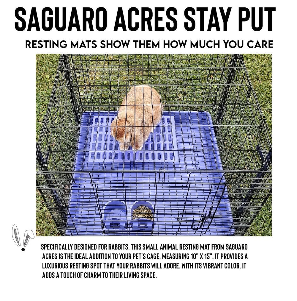 Saguaro Acres purple resting mat on wire floor reduces waste contact.
