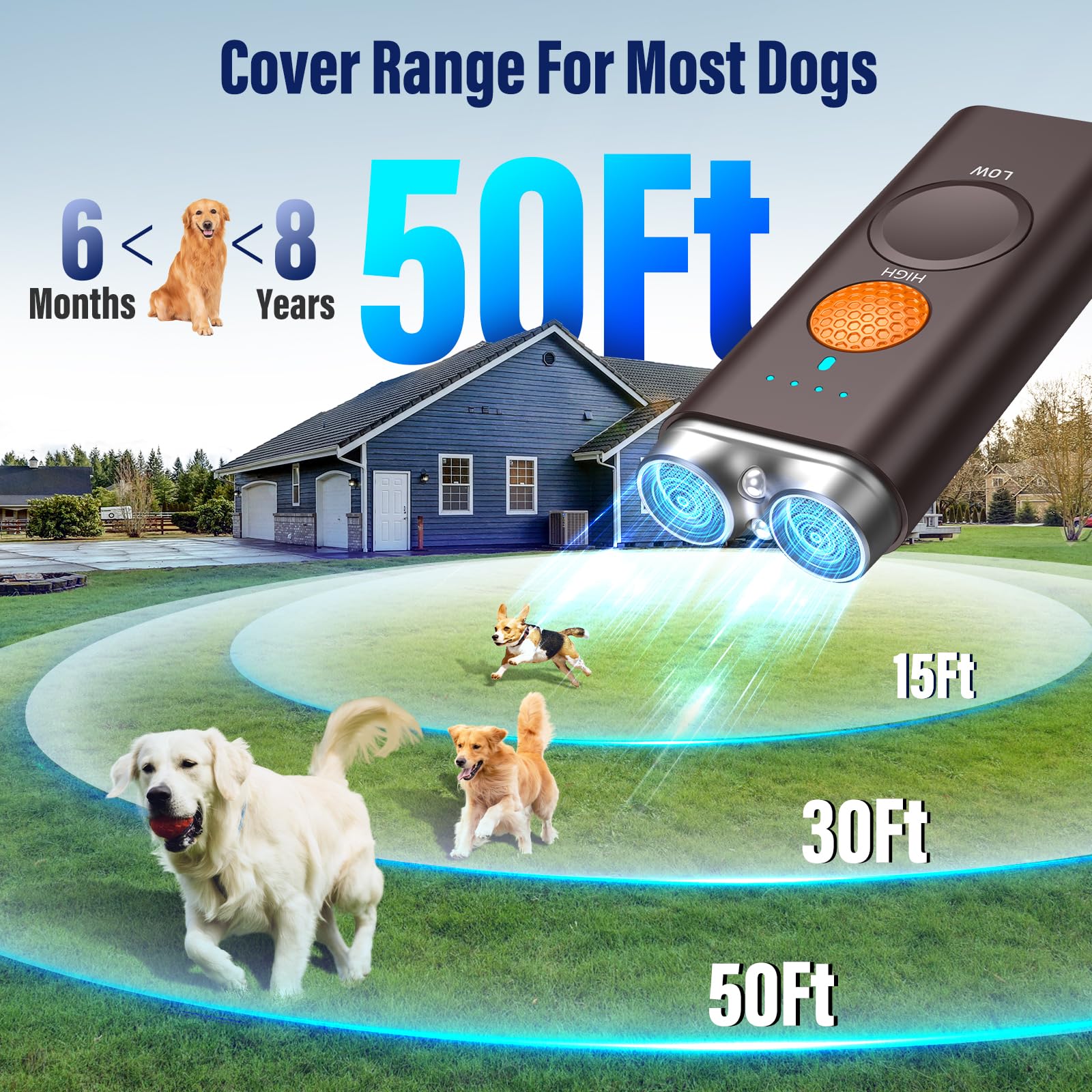 Saigain dog bark deterrent 50ft range covering outdoor spaces.