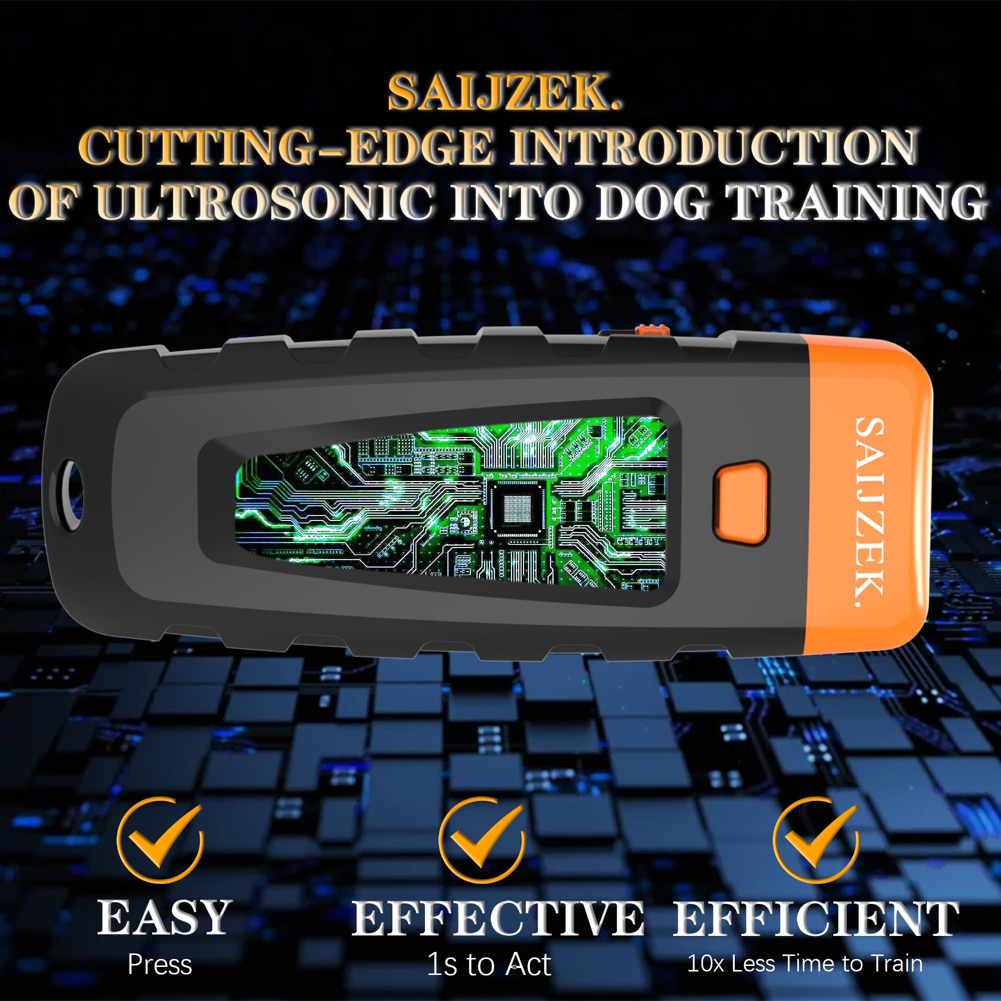 SAIJZEK Ultrasonic Dog Trainer in hand demonstrates easy handheld correction for prompts.