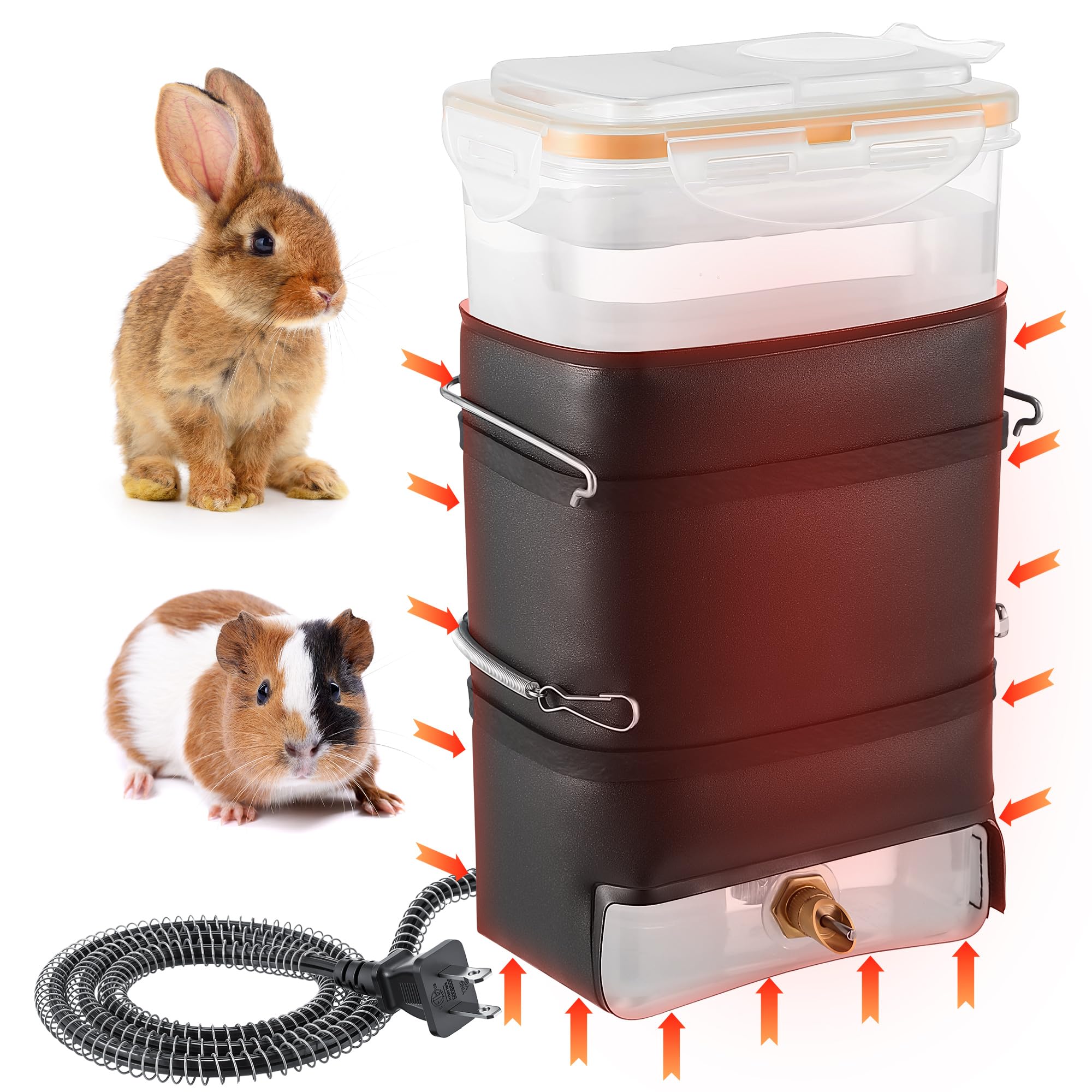 Saillong heated rabbit water bottle front view with no-drip design for clean cages.