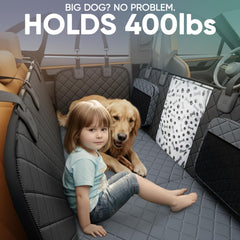 Sajoda hard bottom dog seat cover hammock layout provides secure space for pets on rides.