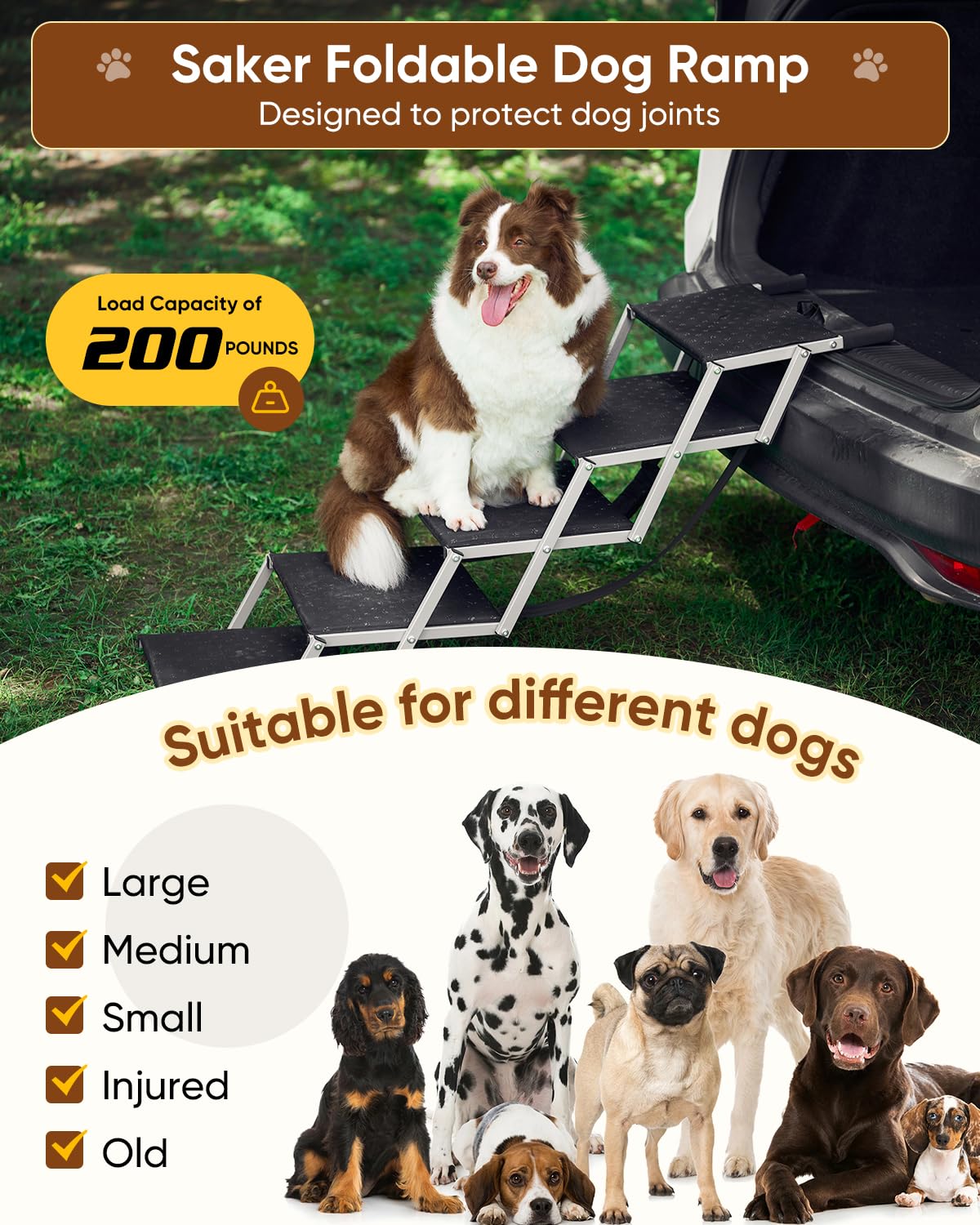 Saker Foldable Dog Ramp supports up to 200lbs for versatile dogs