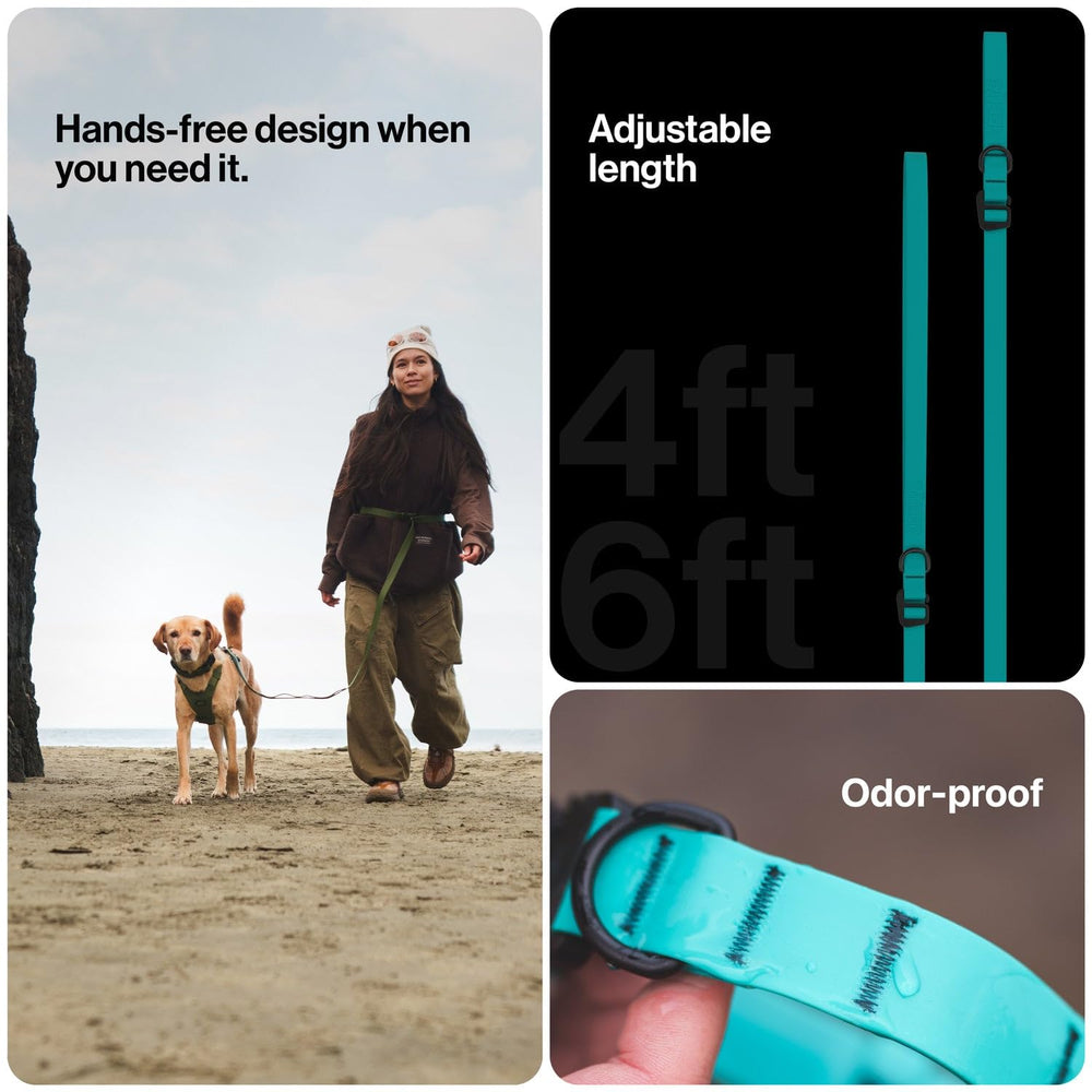 SÄKER Kelp waterproof dog leash hands-free waist configuration for effortless runs.