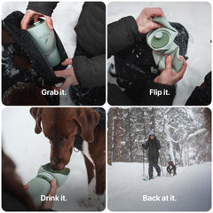 saker portable dog water bottle quick-release controls water flow during hikes.