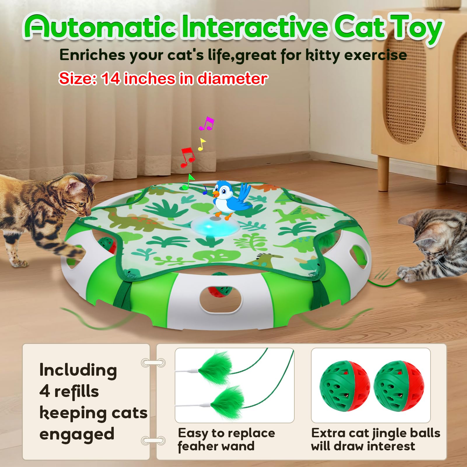 Salodal cat toy emits bird chirping sounds to attract curious cats.