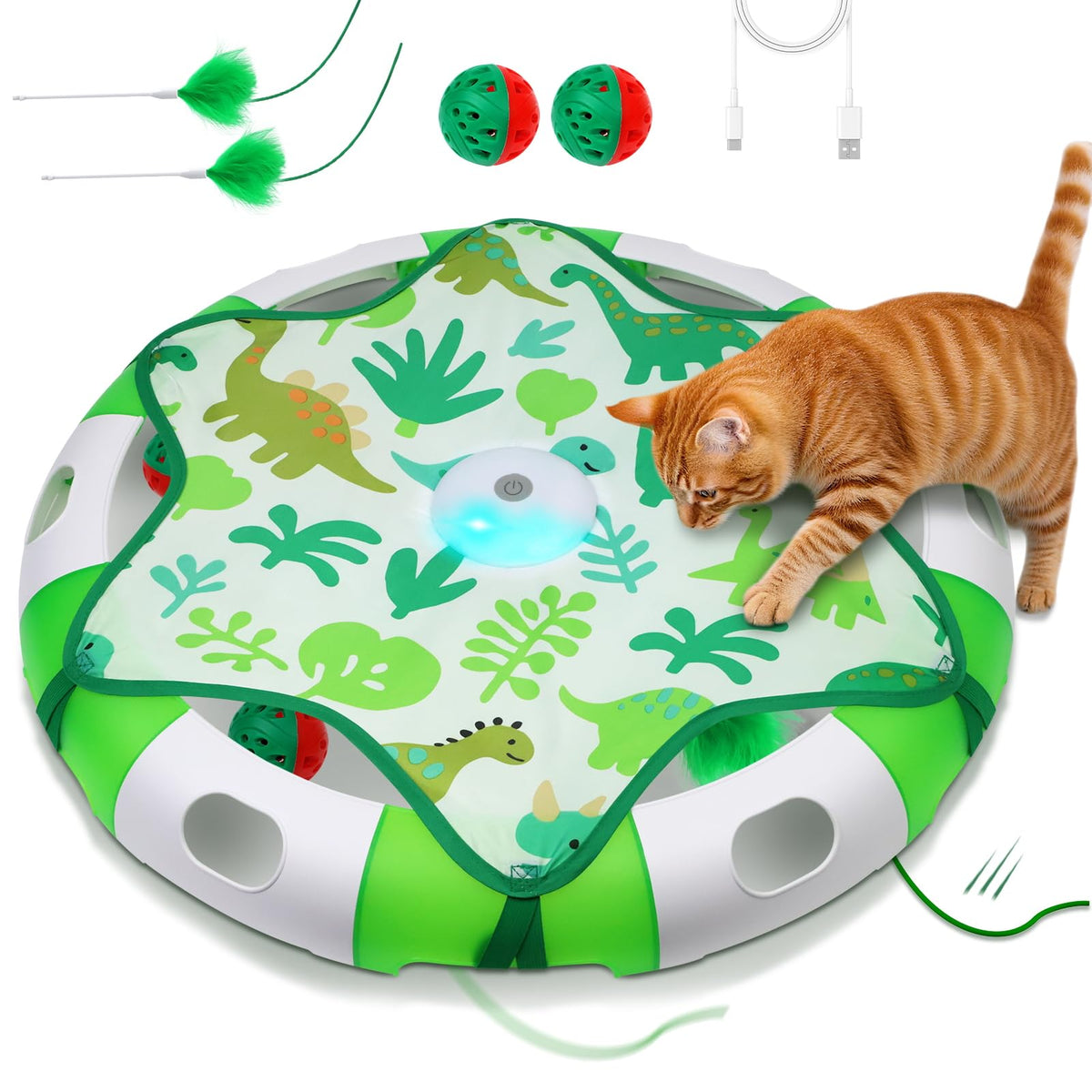 Salodal cat toy shows hidden feather wand for interactive hide-and-seek play.