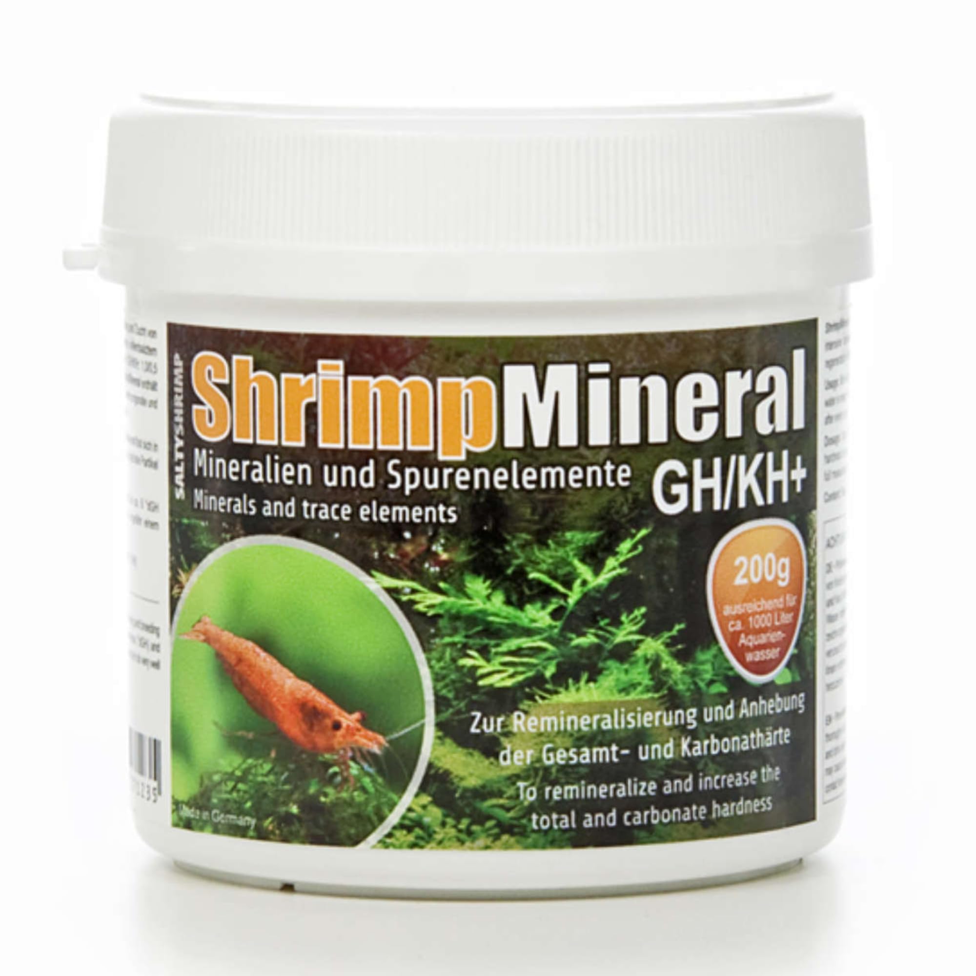 SaltyShrimp Shrimp Mineral GH/KH+ bottle for remineralizing water to support healthy shrimp.