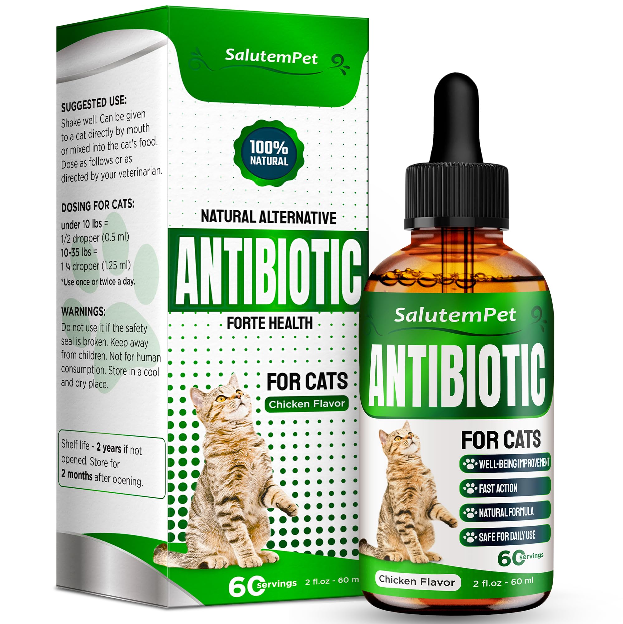 SalutemPet cat antibiotic bottle for easy daily dosing and gentle care.