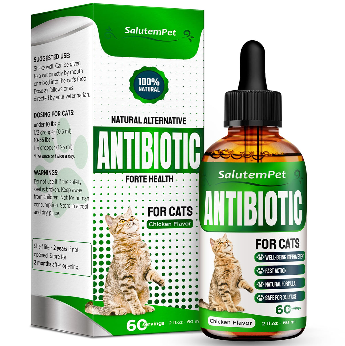 SalutemPet cat antibiotic bottle for easy daily dosing and gentle care.