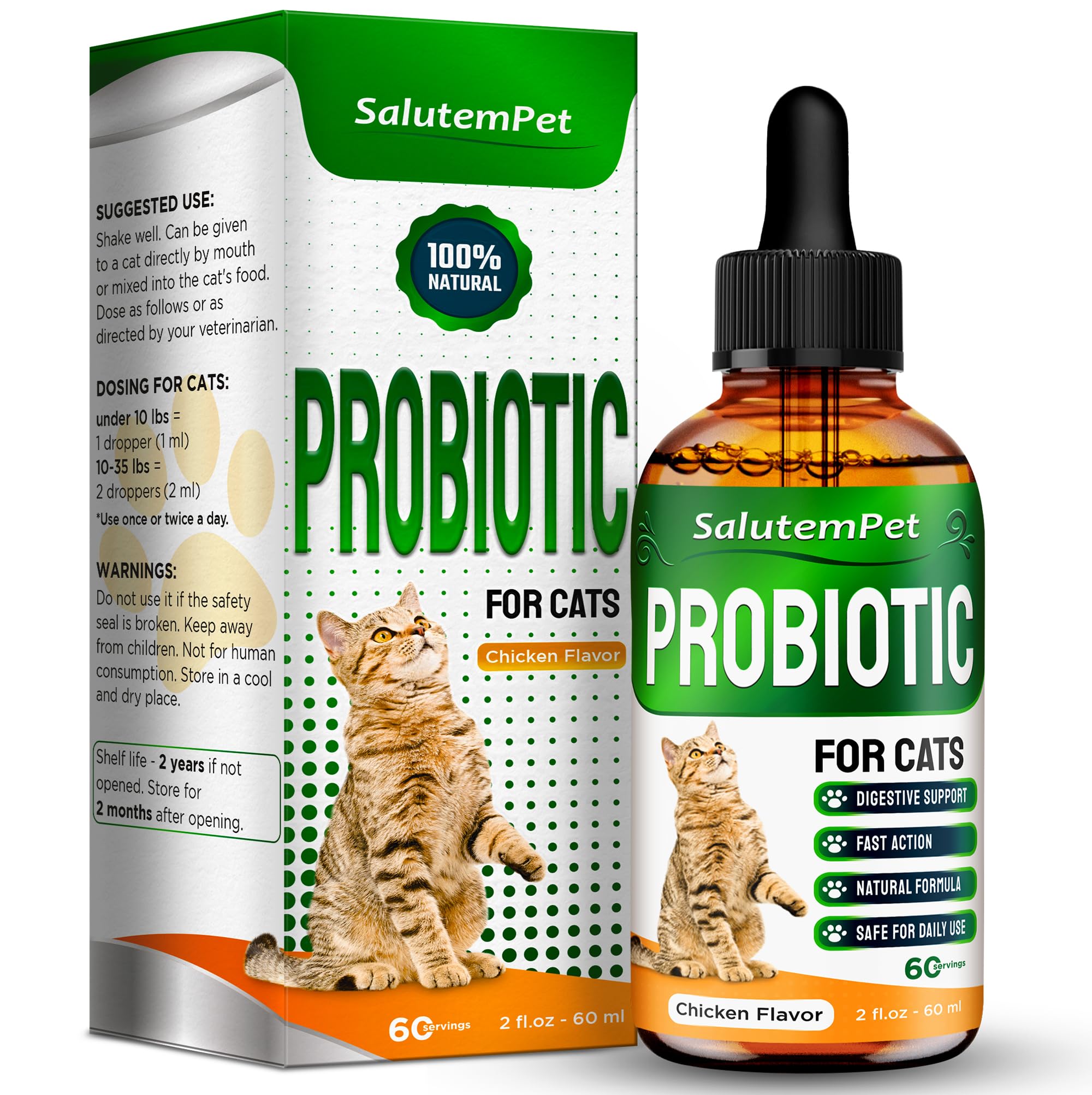 SalutemPet cat probiotics bottle closeup highlighting digestive support benefits.