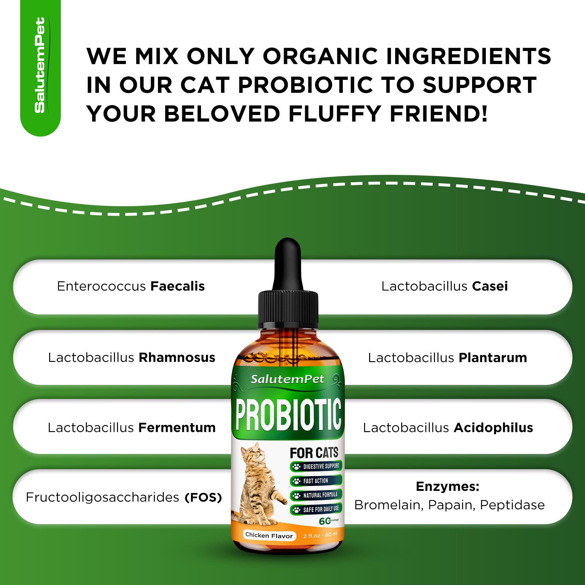 SalutemPet cat probiotics dropper-use image demonstrates convenient dosing.