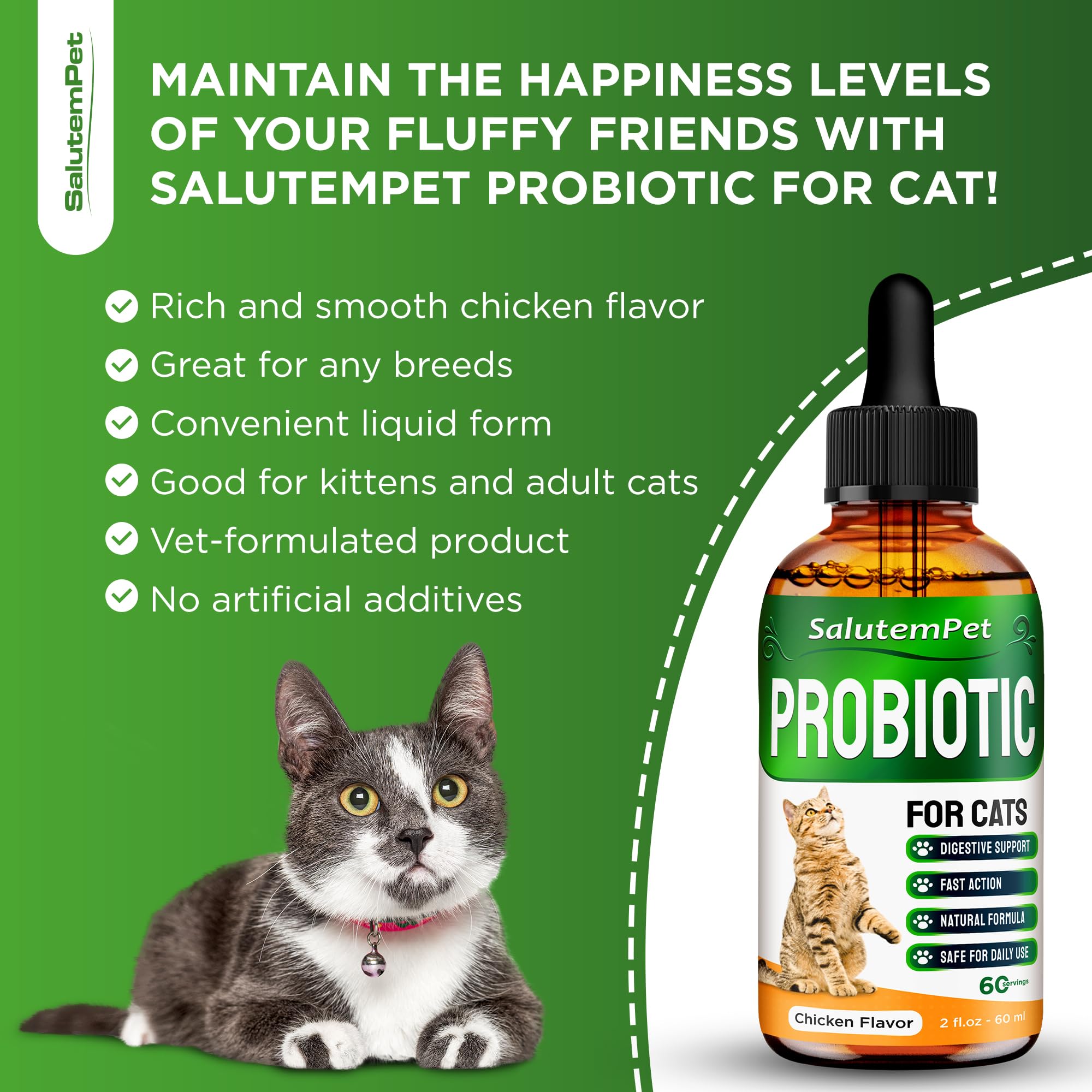  SalutemPet cat probiotics natural-ingredients label communicates a clean formula.