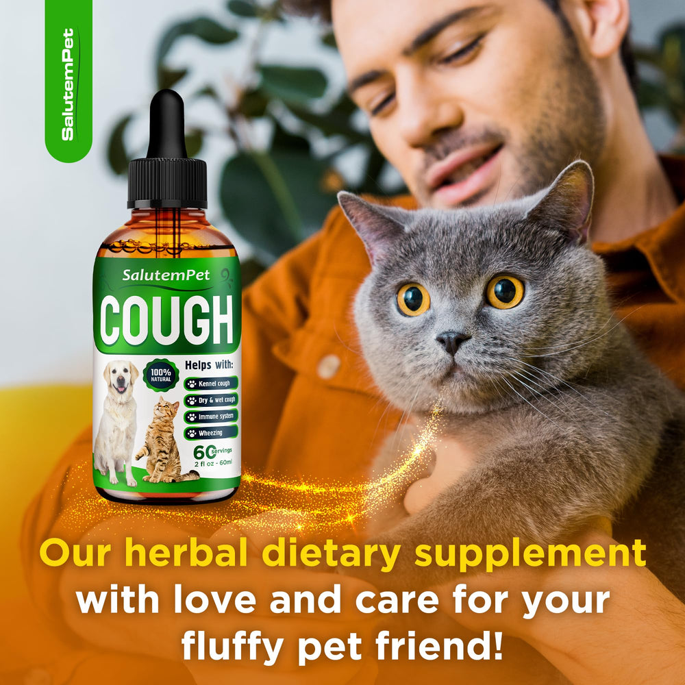  Packaging label on SalutemPet cough medicine highlights ingredients and status.