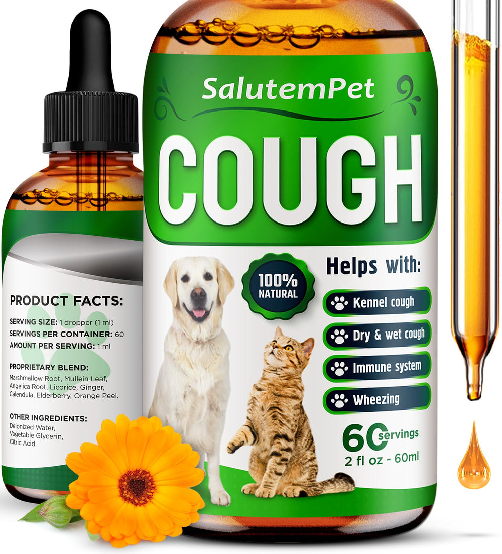 SalutemPet Kennel Cough supplement bottle showcases herbal formula for gentle pet support.