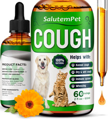 SalutemPet Kennel Cough supplement bottle showcases herbal formula for gentle pet support.