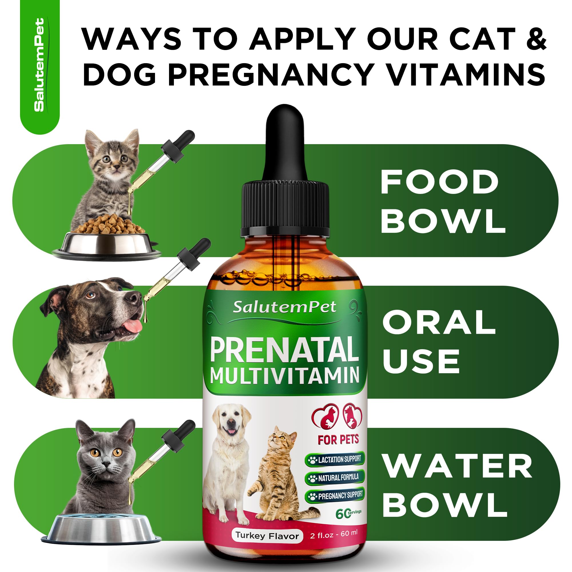 SalutemPet lactation-support drops illustrating milk production support during nursing.