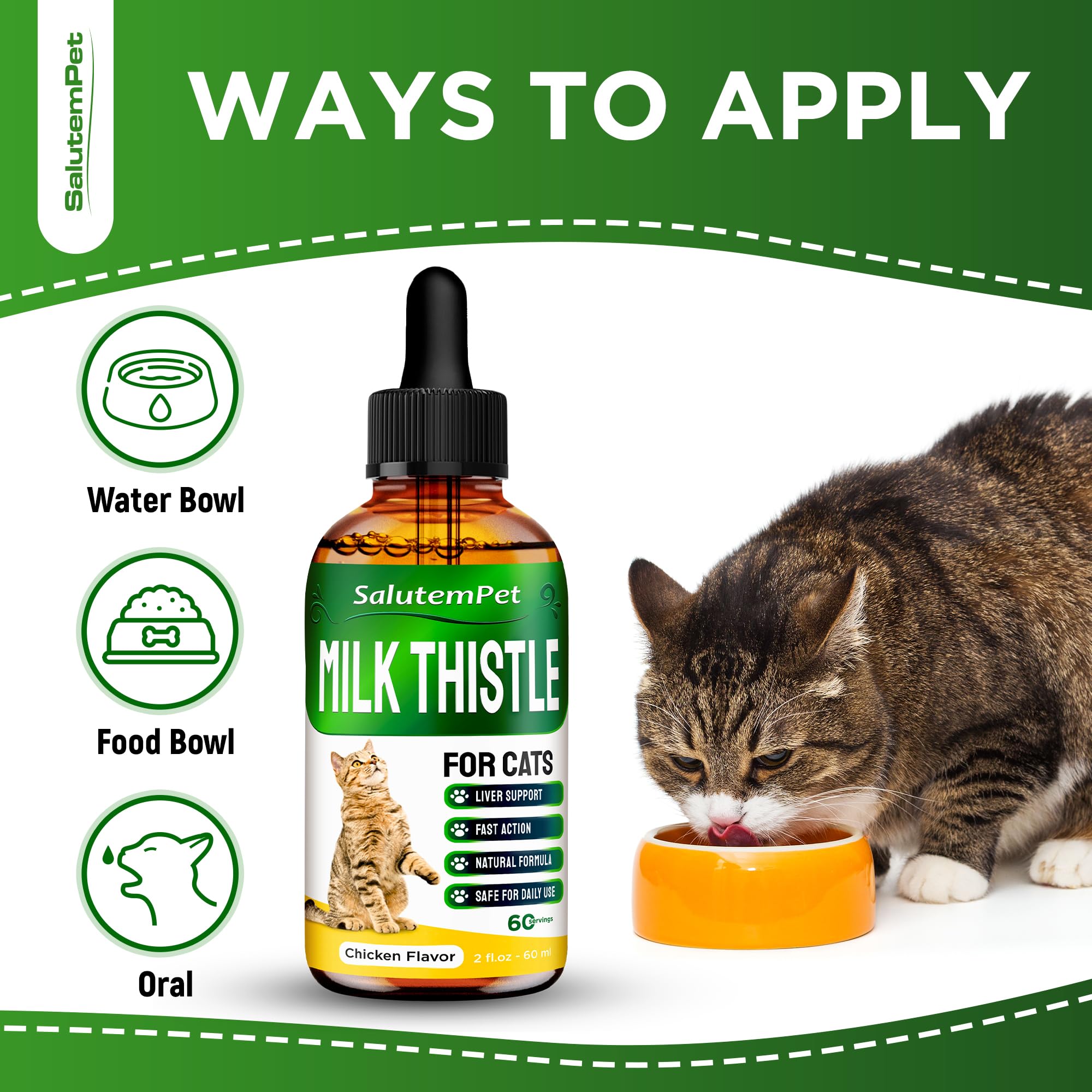 SalutemPet liquid milk-thistle for cats—versatile dosing in food, water, or mouth.