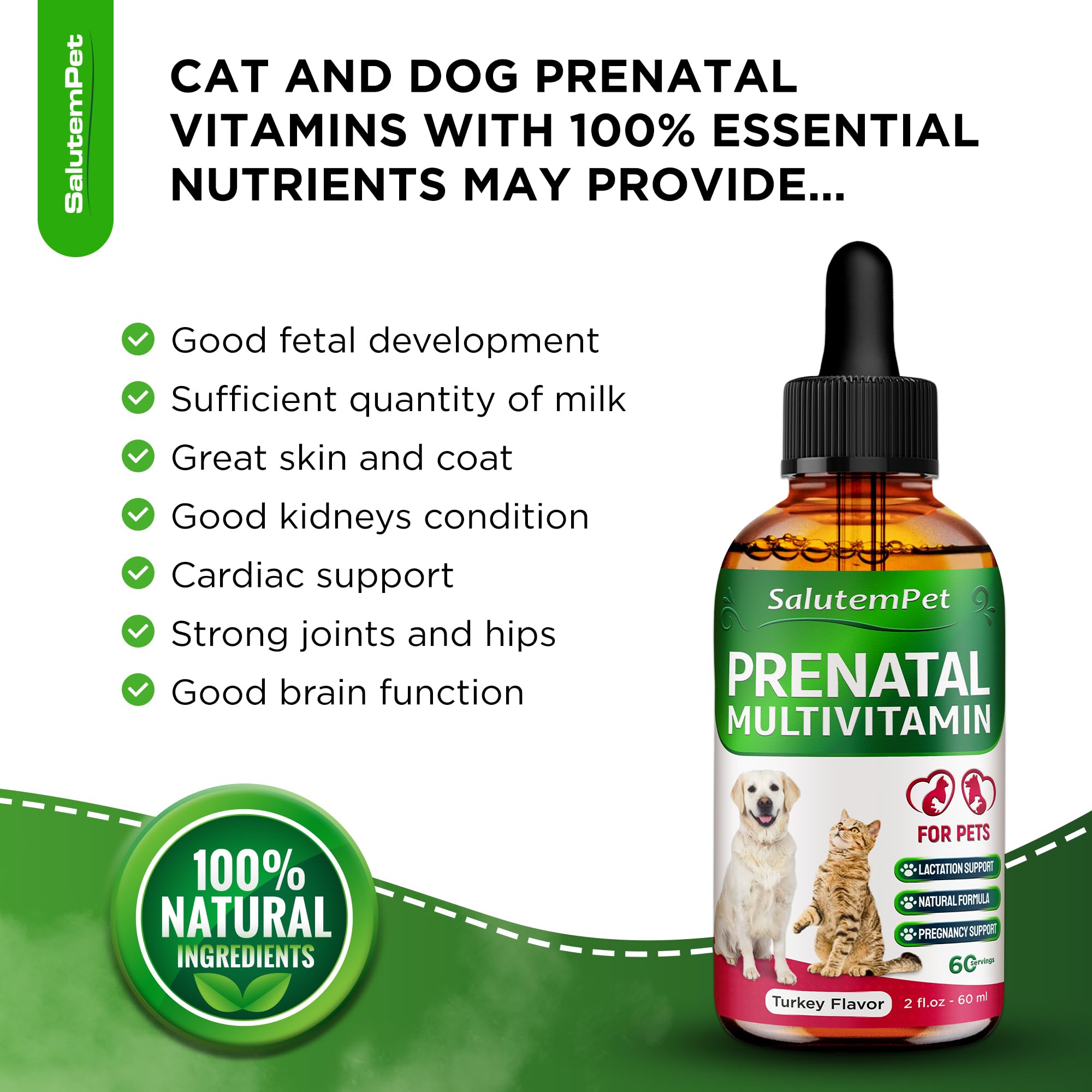 SalutemPet prenatal liquid drops enabling easy administration in meals or water.
