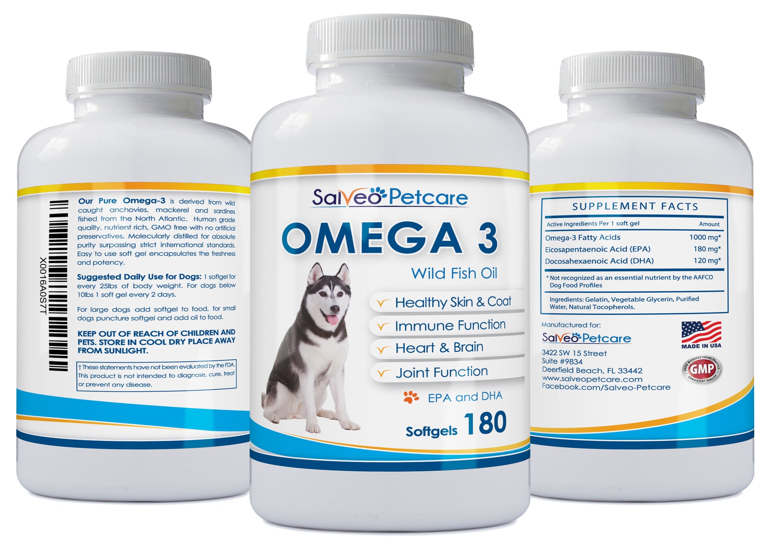 Salveo Petcare Omega 3 for Dogs made in USA facility following cGMP standards.