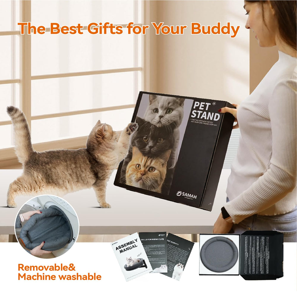 SAMAH cat desk bed in-use scene shows a pet-friendly home office setup.