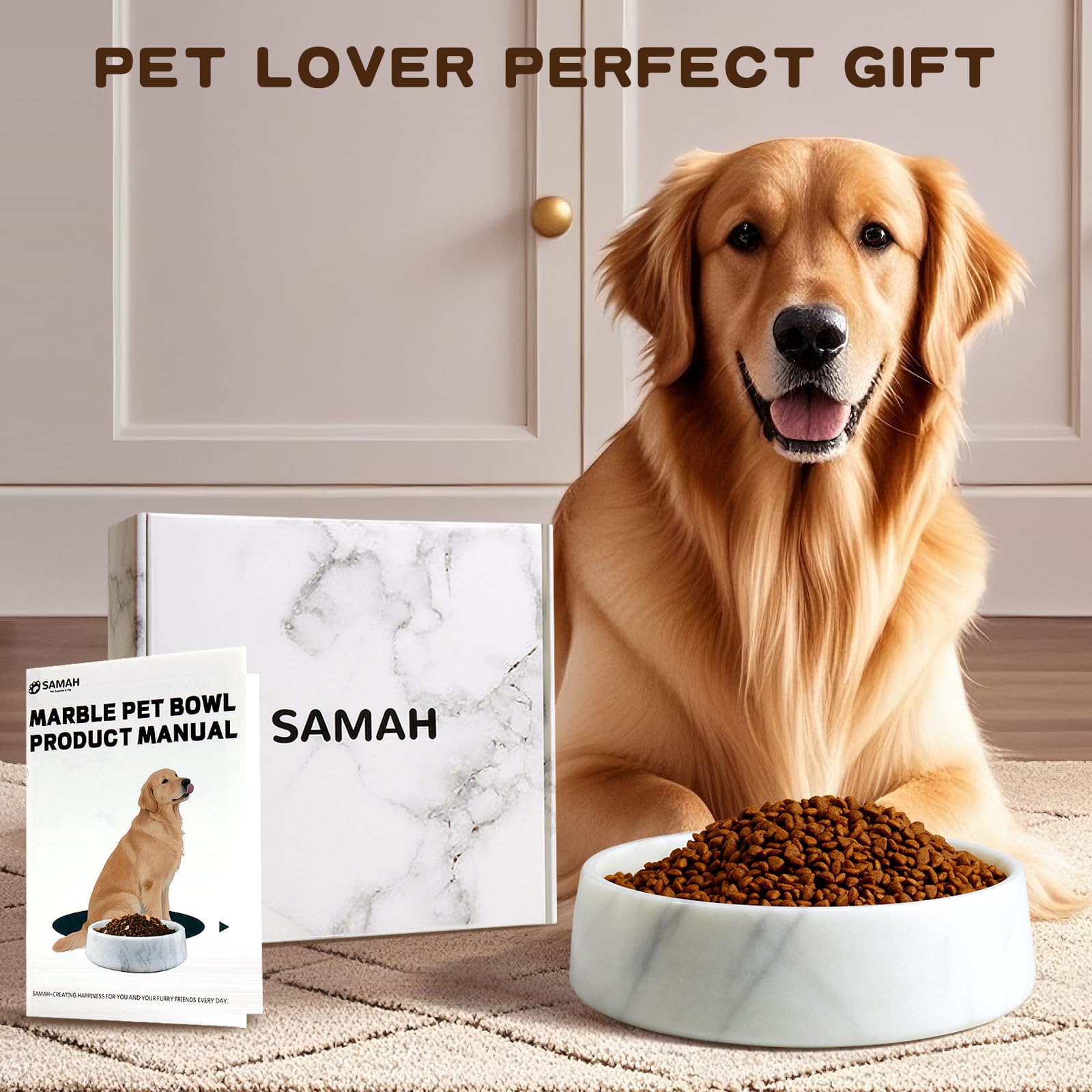 SAMAH white marble dog bowl easy-clean interior for quick rinsing