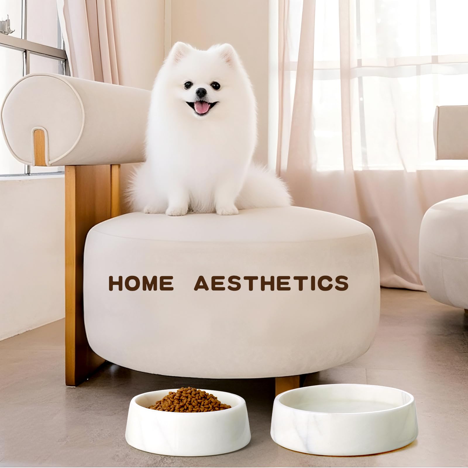 SAMAH white marble dog bowl with non-slip base prevents spills during feeding