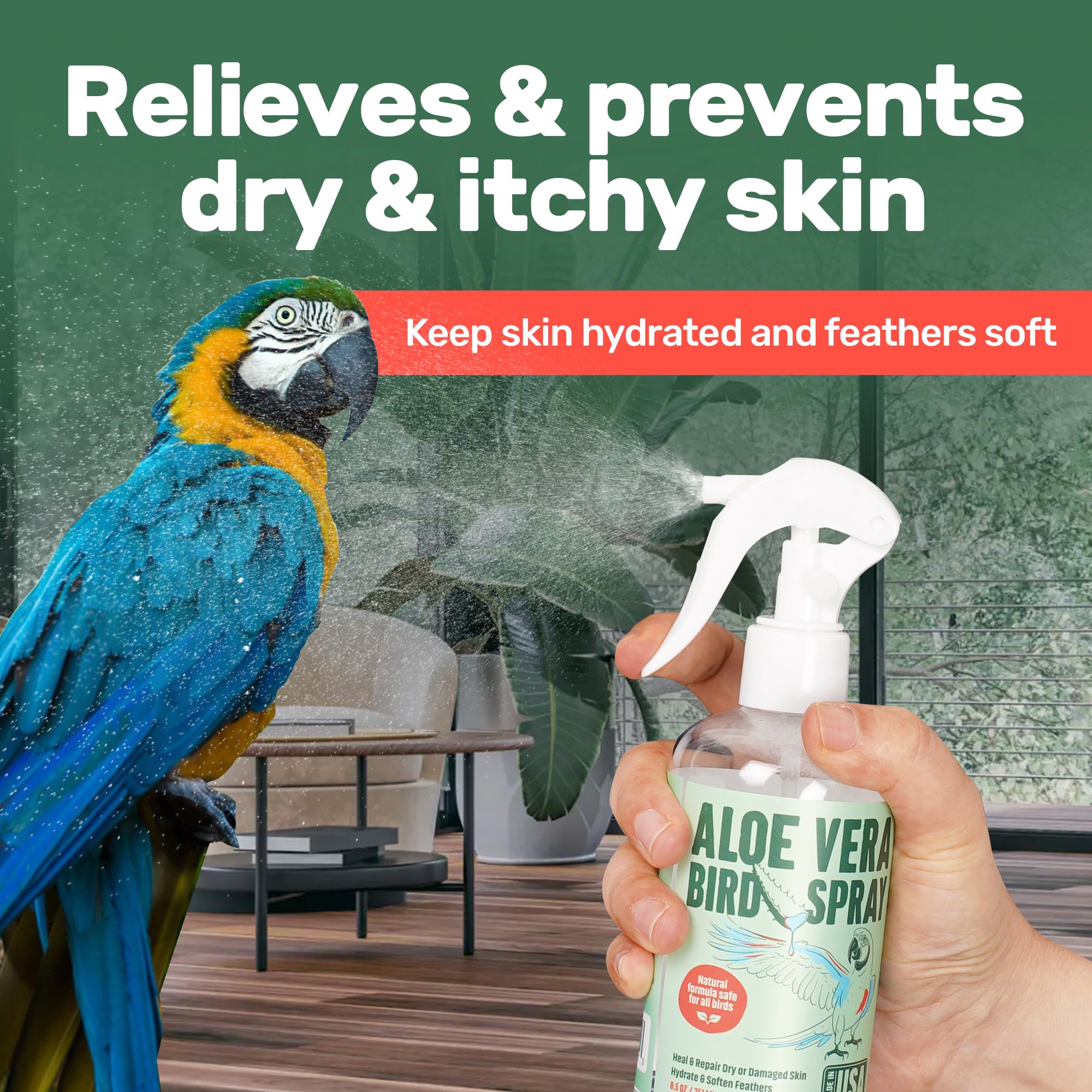 Samorillo Aloe Vera Bird Spray application on feathers shows quick-absorbing mist.