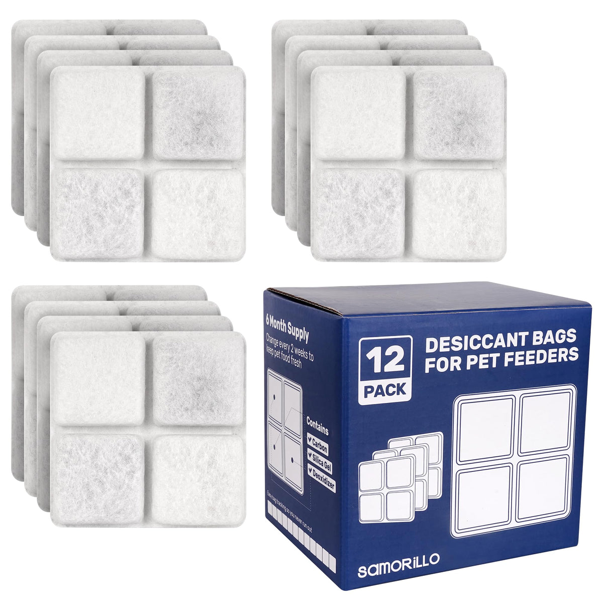 Samorillo desiccant bag 12-pack box keeps pet food dry and fresh.