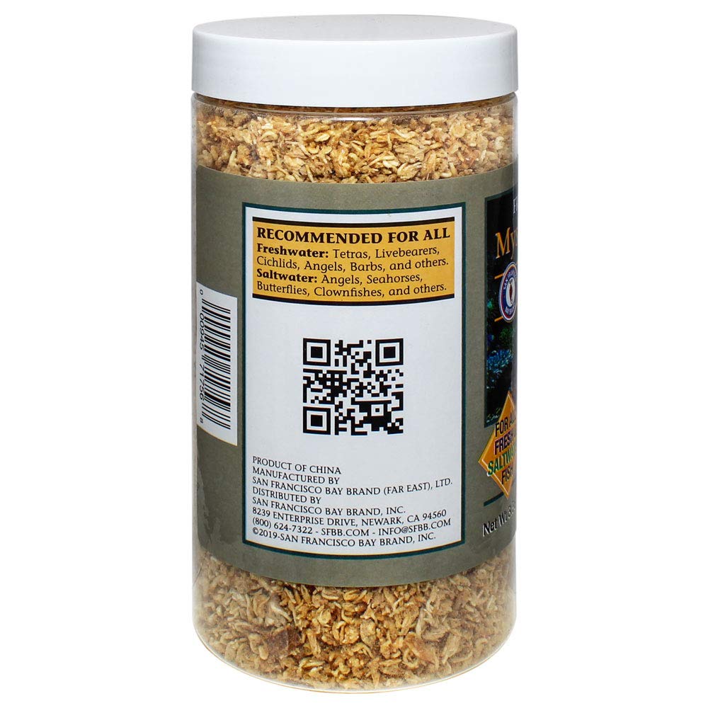 San Francisco Bay Brand freeze-dried mysis shrimp close-up highlights high protein.