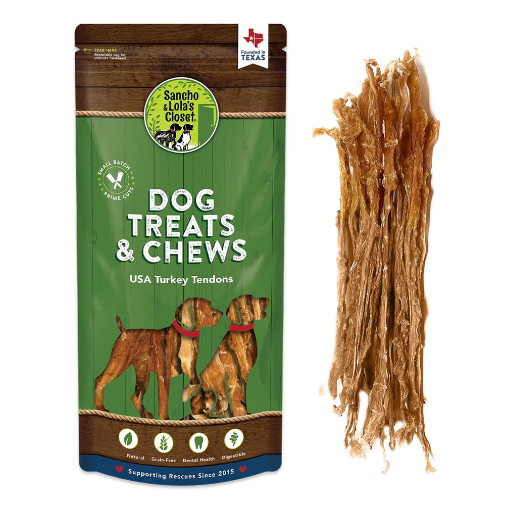 Sancho and Lola's Closet turkey tendons packaging shows a 4 oz high-protein chew.