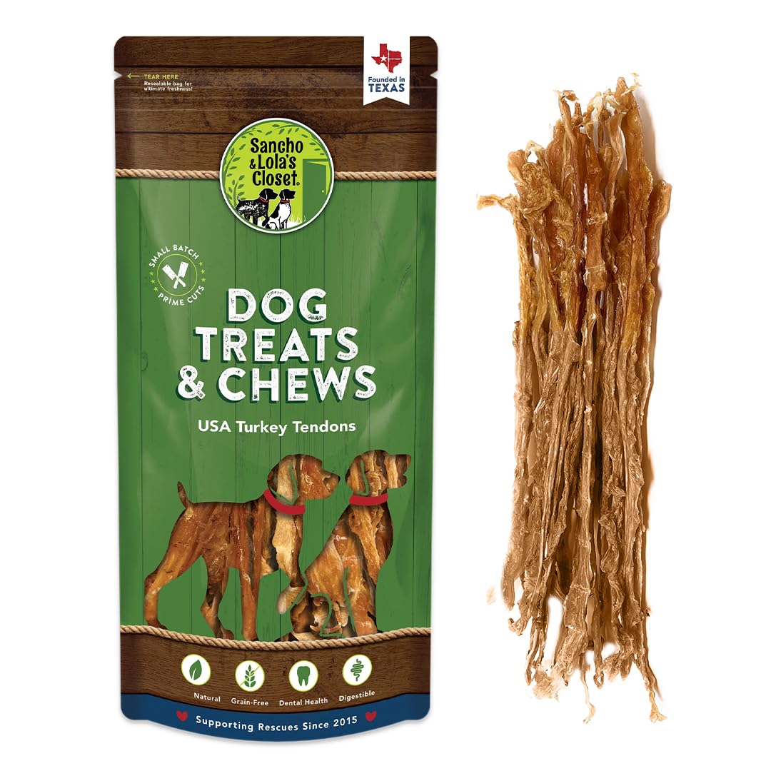 Sancho and Lola's Closet turkey tendons packaging shows a 4 oz high-protein chew.