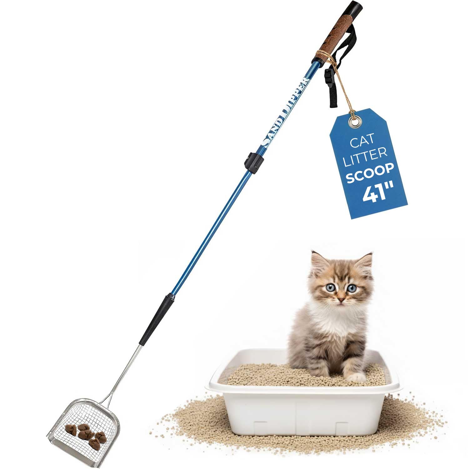 Sand Dipper metal cat litter scoop with long handle for easy reach and quick waste removal.
