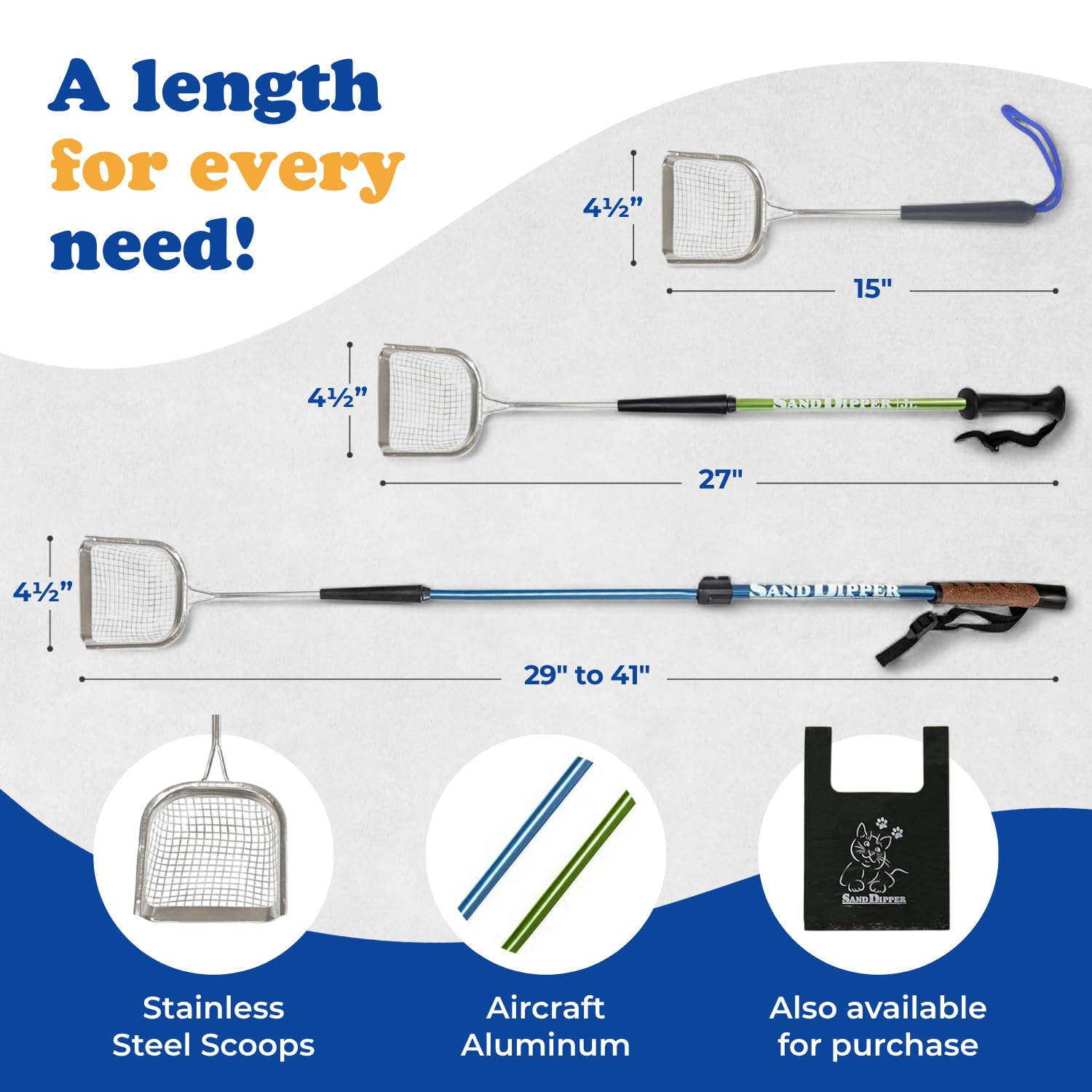 Sand Dipper marine-grade stainless steel scoop offers durable, long-lasting performance for daily litter tasks.