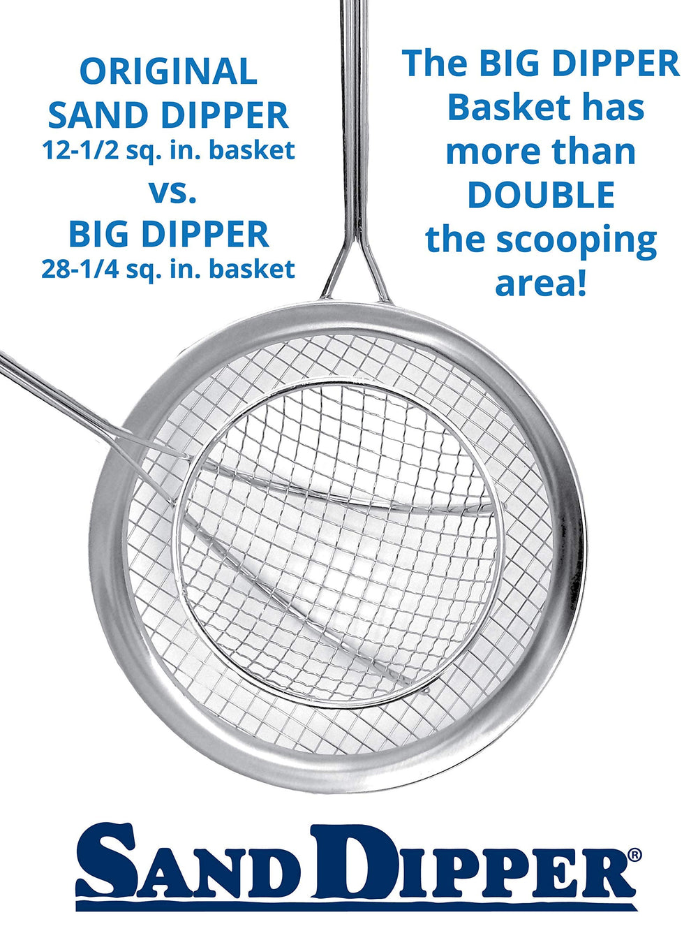 Sand Dipper Scoop stainless-steel-mesh: reduces dust during scooping with no static buildup.