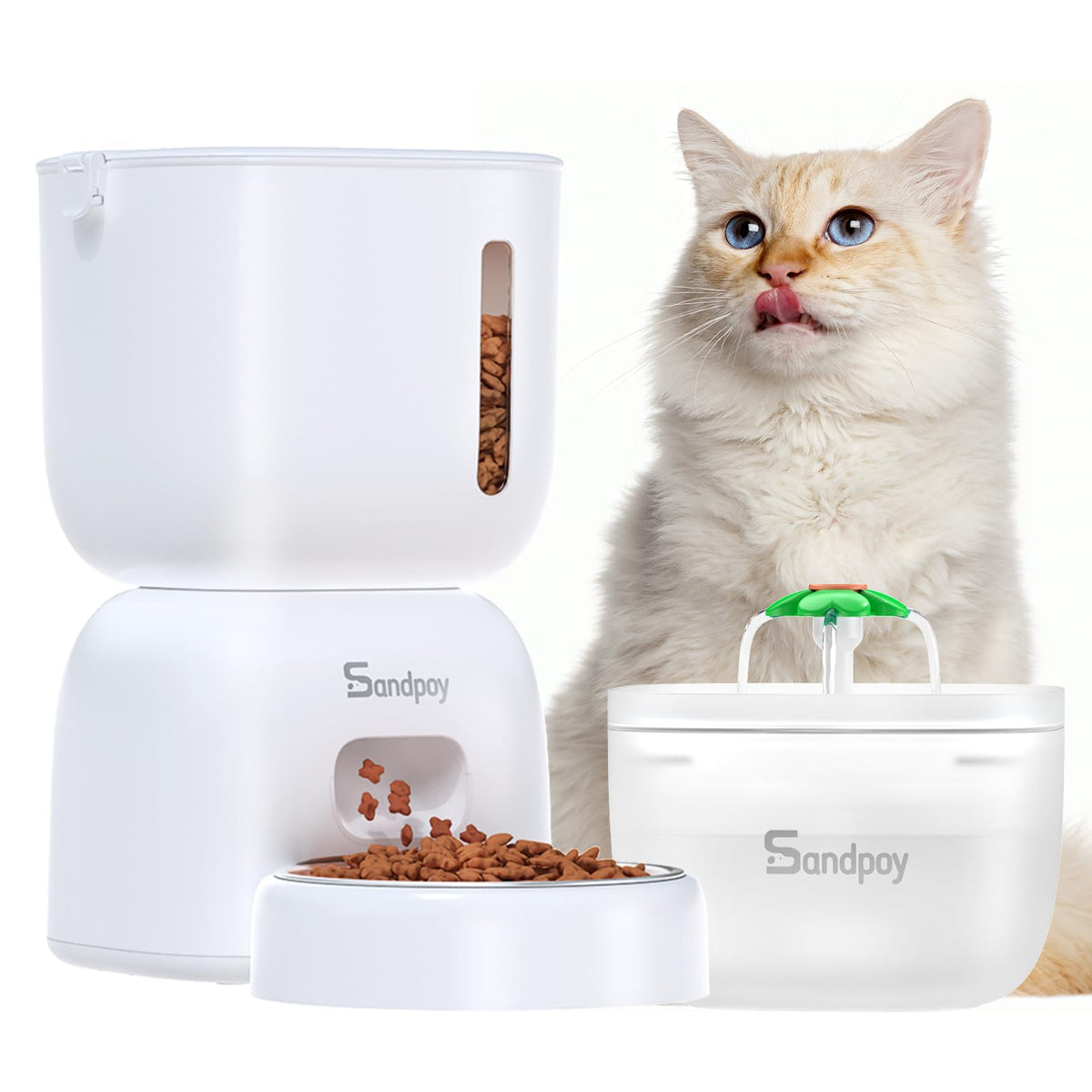 Sandpoy FW1 two-in-one feeder and water dispenser for cats and puppies with a compact design.