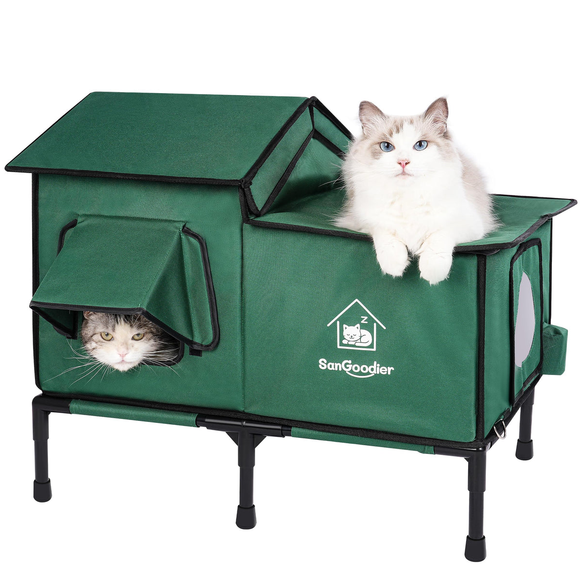 Sangoodier outdoor cat house shows waterproof design for rainy days.