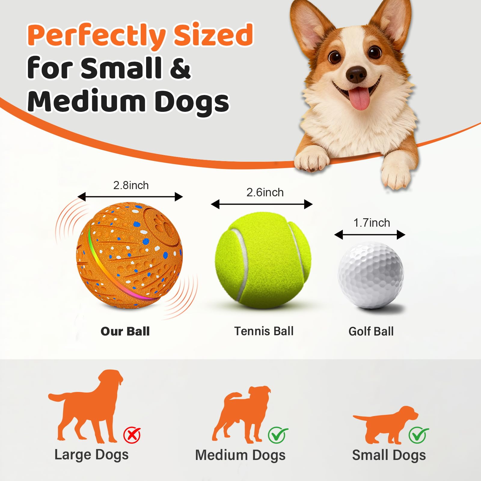 Sankell 2.8-inch ball size fits small to medium dogs.