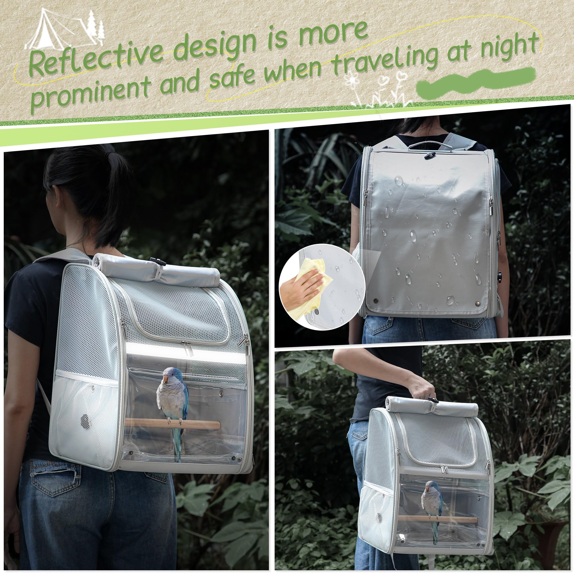 Sanmoncare Bird Backpack Carrier easy-clean tray keeps interior tidy during trips.