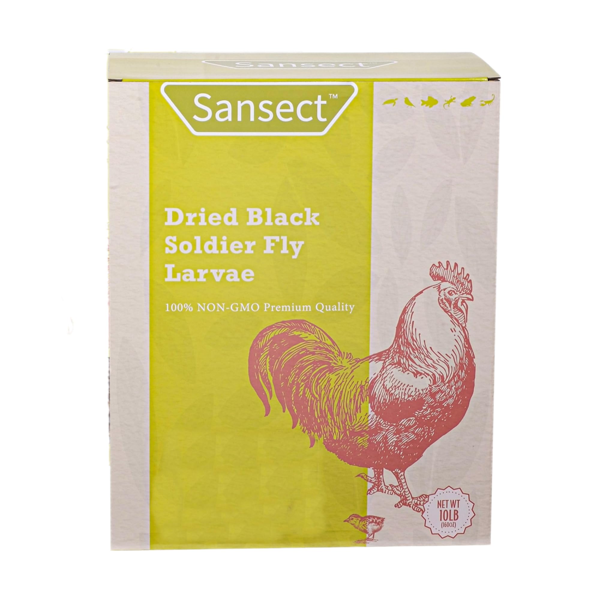 SANSECT dried BSF larvae 10lb bag shows protein-rich poultry feed option.