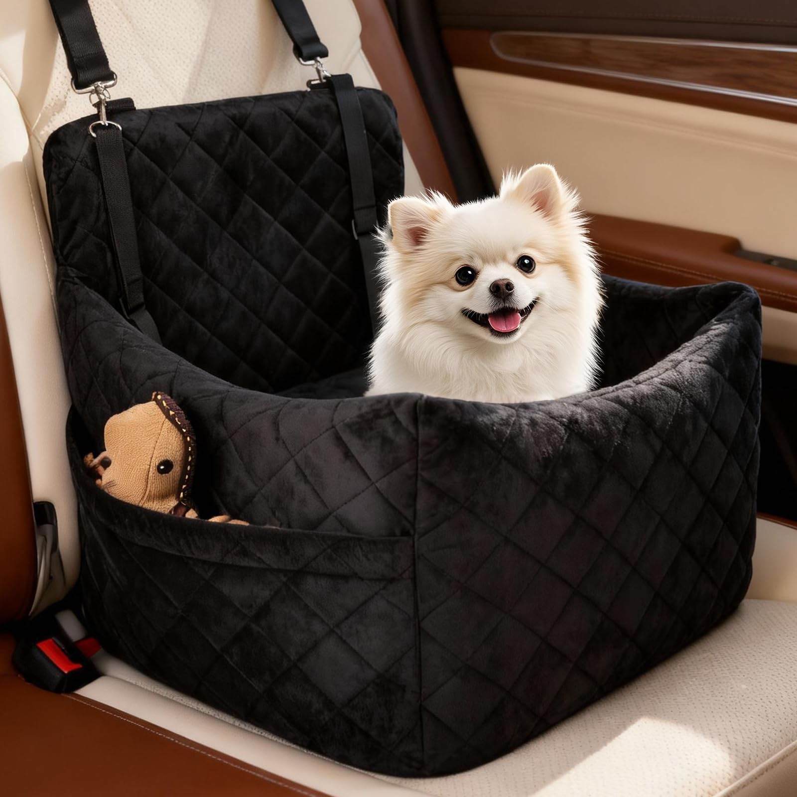 SANUODO dog car seat compact-design enables secure travel for small dogs.
