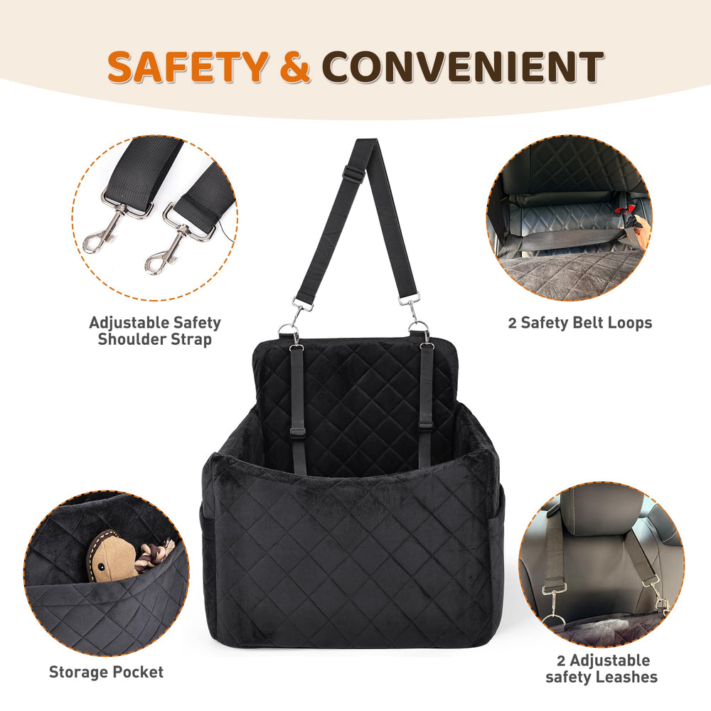 SANUODO dog car seat side pockets highlight convenient toy and treat storage.