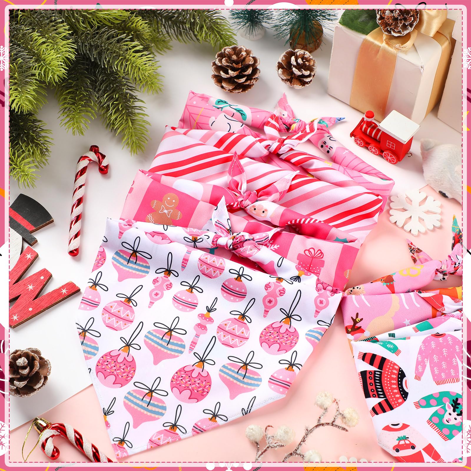Sanwuta pink Christmas dog bandana gingerbread-men pattern for holiday pictures