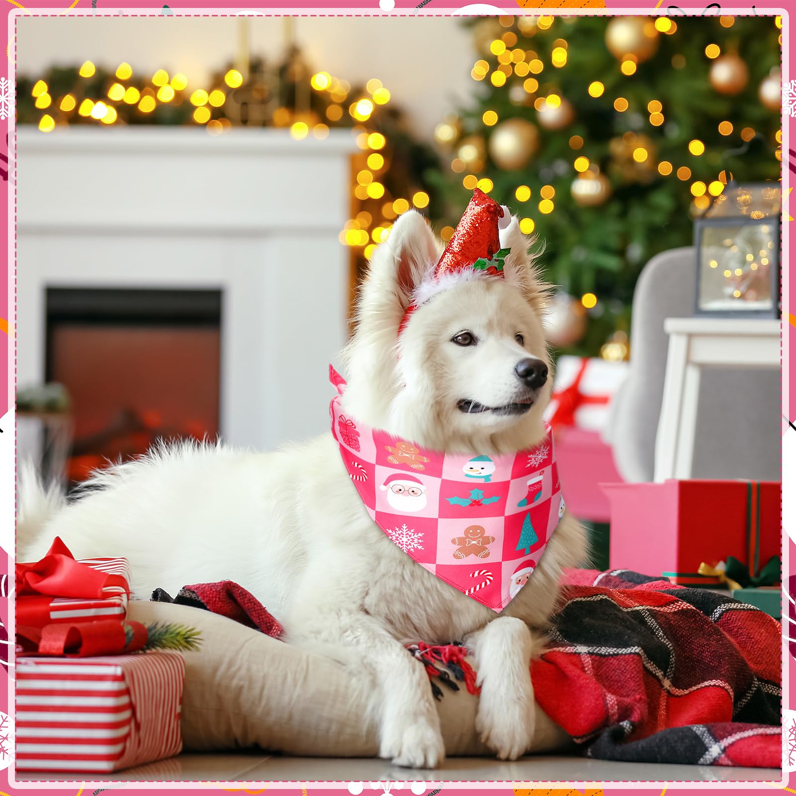 Sanwuta pink Christmas dog bandana worn by a dog during holiday celebration