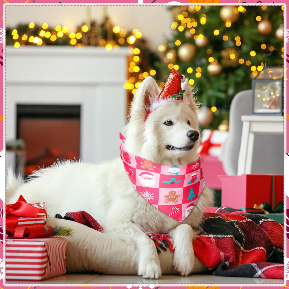 Sanwuta pink Christmas dog bandana worn by a dog during holiday celebration