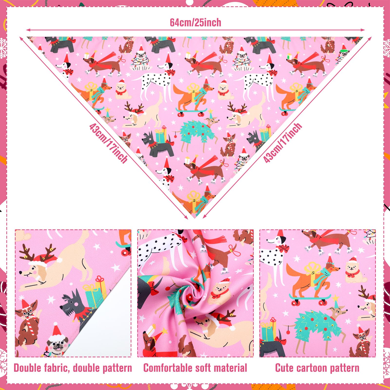 Sanwuta pink Christmas dog bandana with Santa pattern for holiday outfits