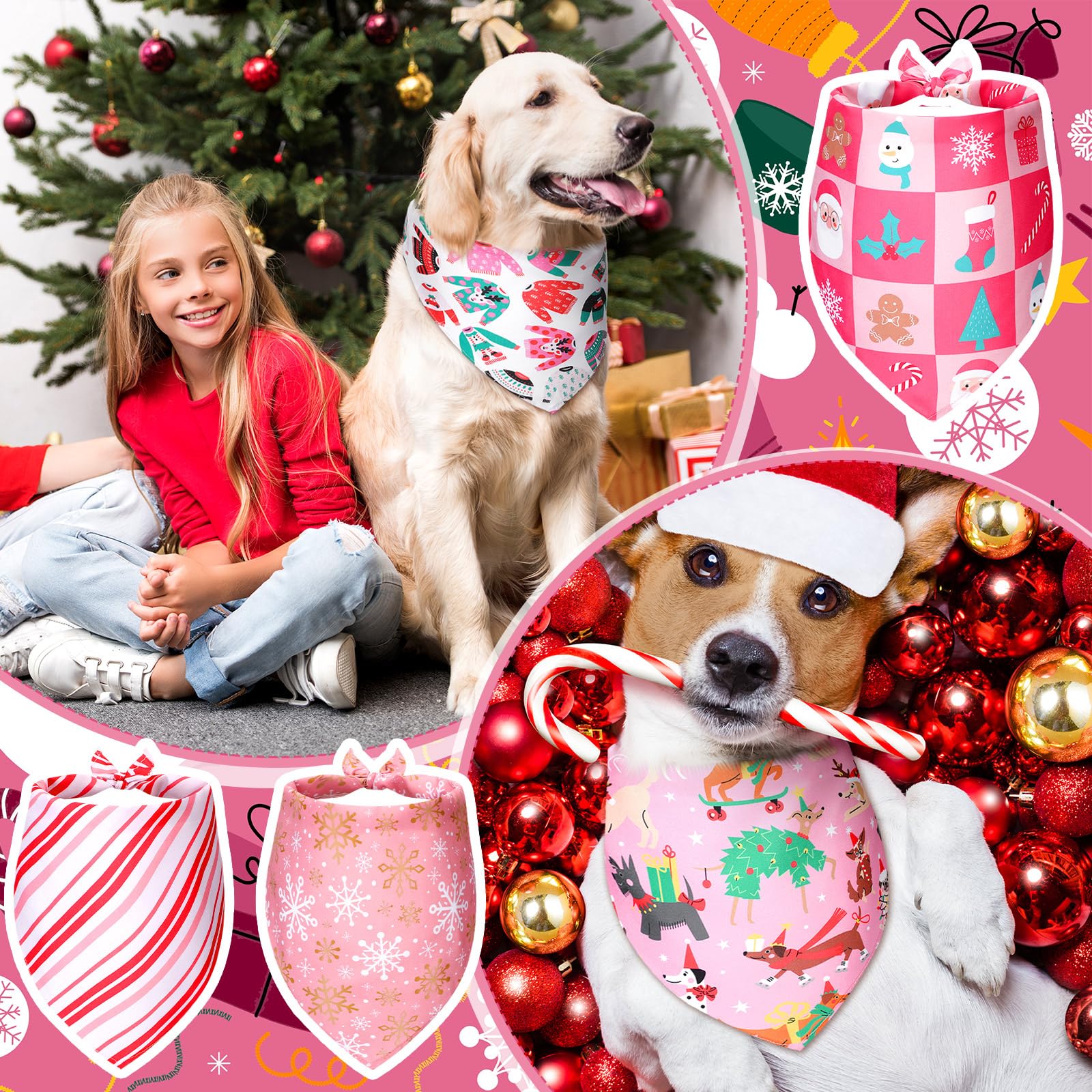 Sanwuta pink Christmas dog bandana snowflakes pattern for festive styling