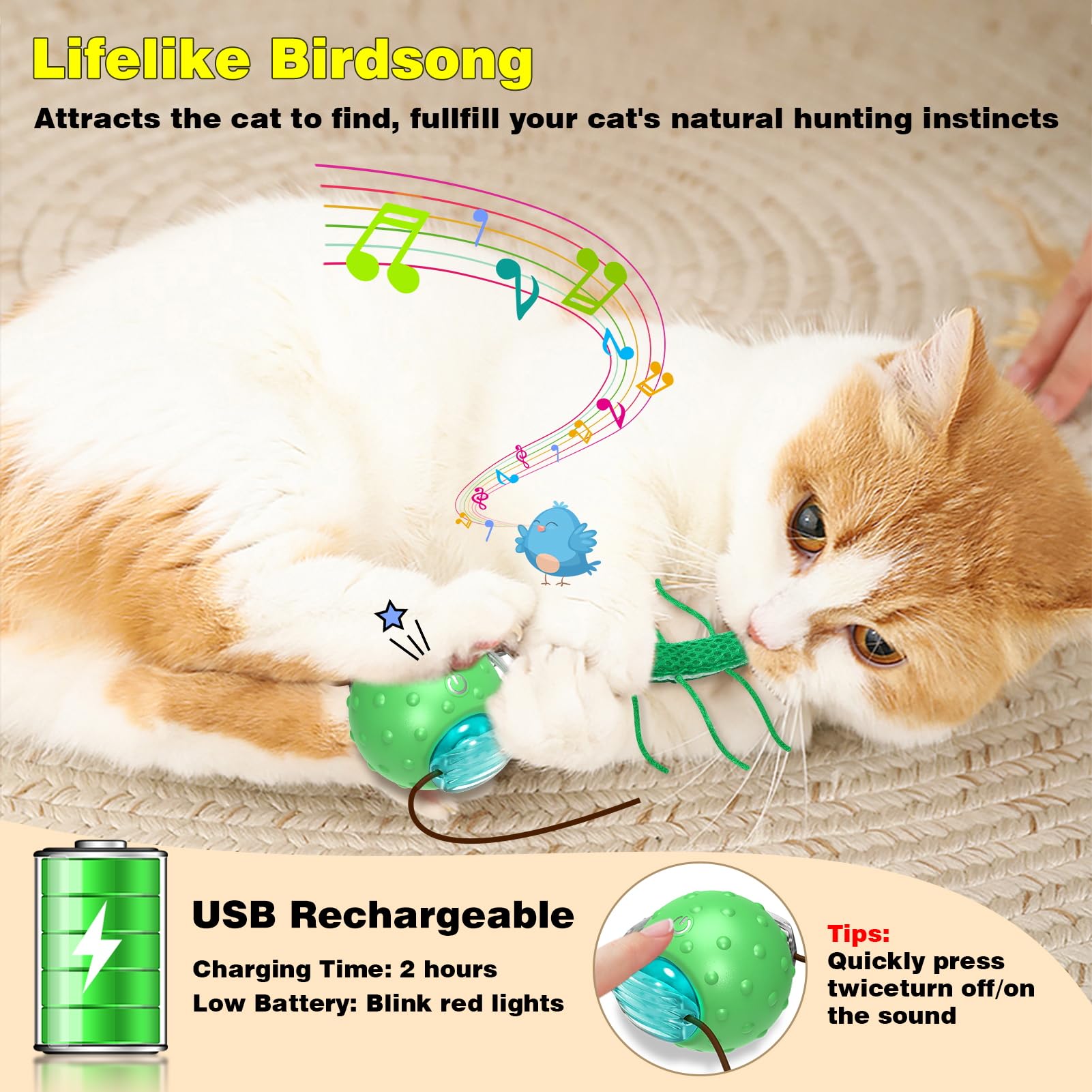 Saolife interactive cat ball bird sound close-up illustrates chirping cues to spark curiosity.