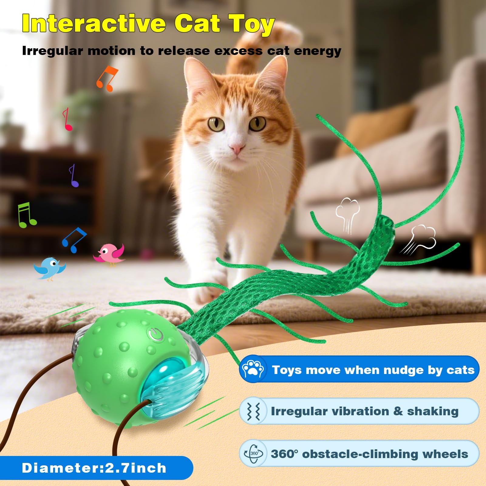 Saolife interactive cat ball tail teaser close-up highlights long tail for chasing fun.