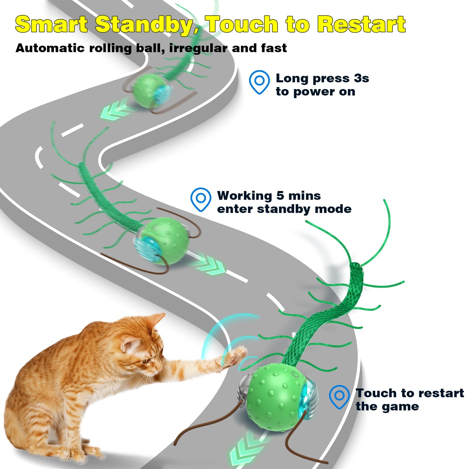 Saolife interactive cat ball USB-C recharge image communicates easy charging for uninterrupted play.