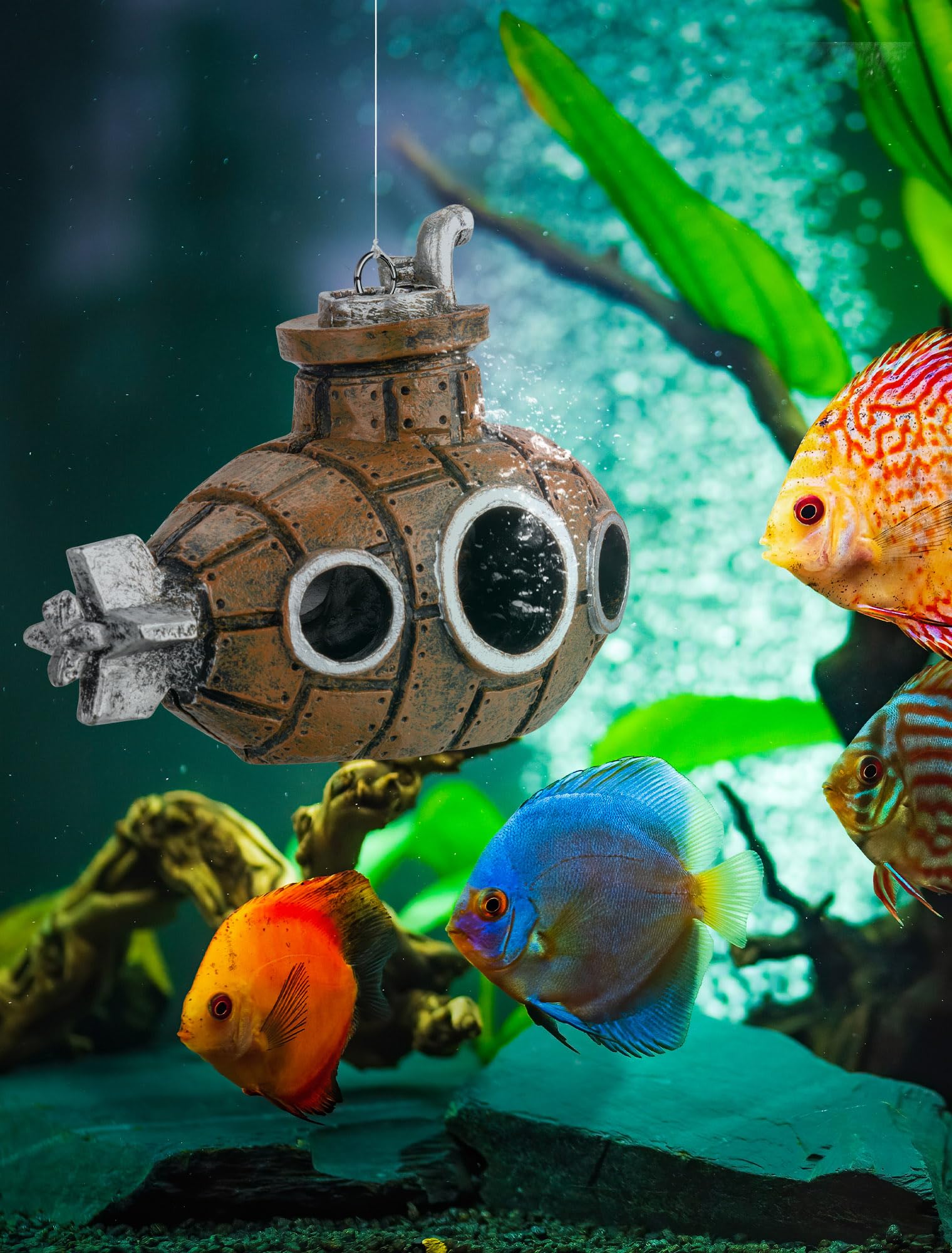 SARDVISA adjustable position submarine lets you tailor depth and visibility in your aquarium.